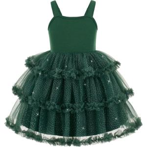Arshiner Toddler Girls Tulle Dress Tiered Ruffle Fluffy Spaghetti Straps Tutu Dresses Summer Clothes 2-8 Years(Dark Green Glitter)