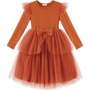 Arshiner Toddler Girls Tutu Dress Princess Tiered Tulle Long Sleeve Bowknot Birthday Party Dresses(Caramel)