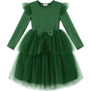 Arshiner Toddler Girls Tutu Dress Princess Tiered Tulle Long Sleeve Bowknot Birthday Party Dresses(Dark Green)