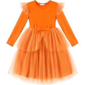 Arshiner Toddler Girls Tutu Dress Princess Tiered Tulle Long Sleeve Bowknot Birthday Party Dresses(Orange)