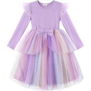 Arshiner Toddler Girls Tutu Dress Princess Tiered Tulle Long Sleeve Bowknot Birthday Party Dresses(Purple Rainbow)