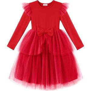 Arshiner Toddler Girls Tutu Dress Princess Tiered Tulle Long Sleeve Bowknot Birthday Party Dresses(Red)