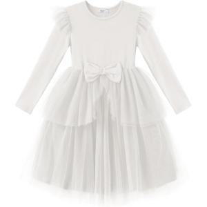 Arshiner Toddler Girls Tutu Dress Princess Tiered Tulle Long Sleeve Bowknot Birthday Party Dresses(White)