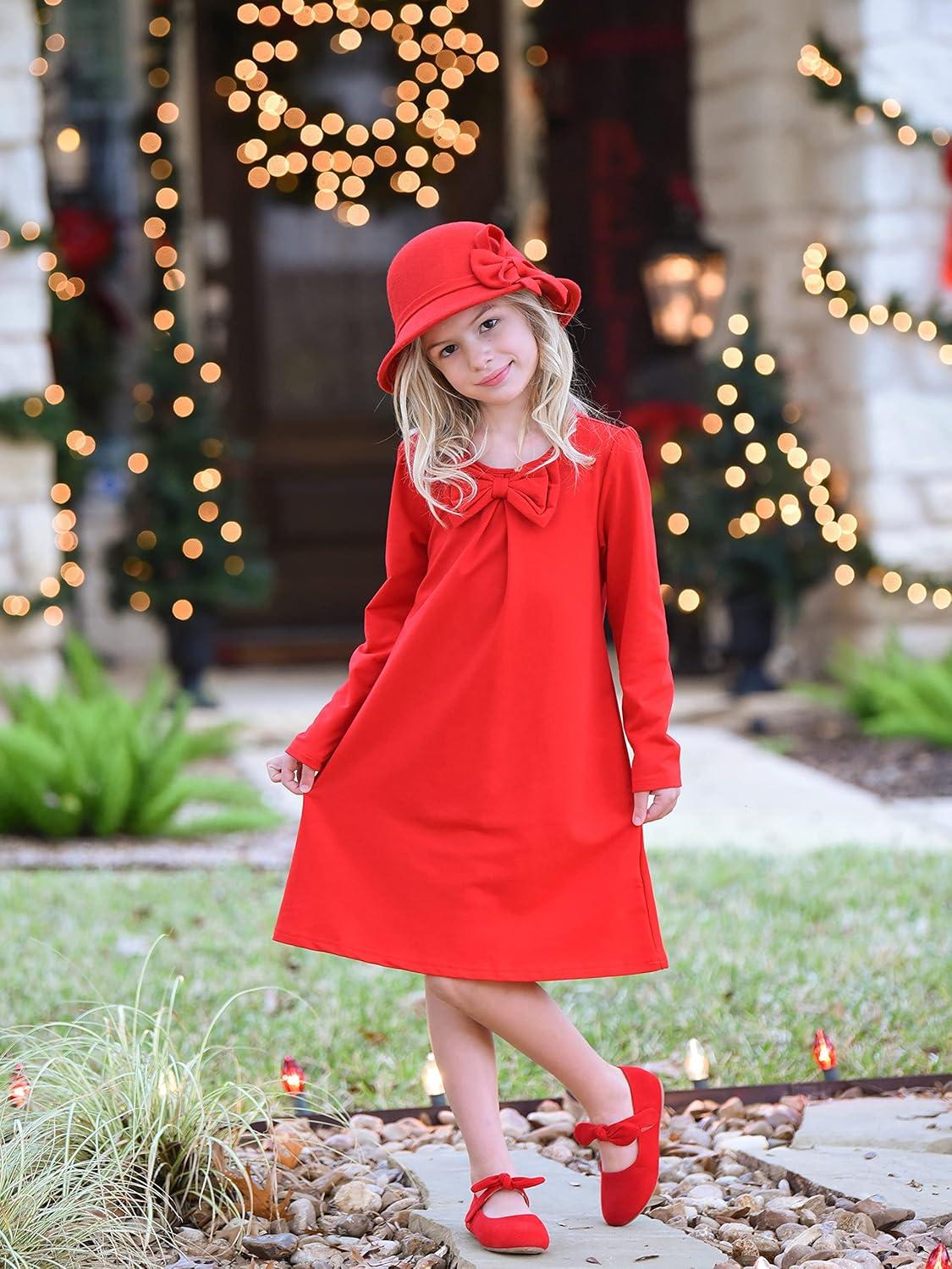 imageArshiner Girls Dress Long Sleeve Solid Tunic Dress for Girls with Big Bow Tie