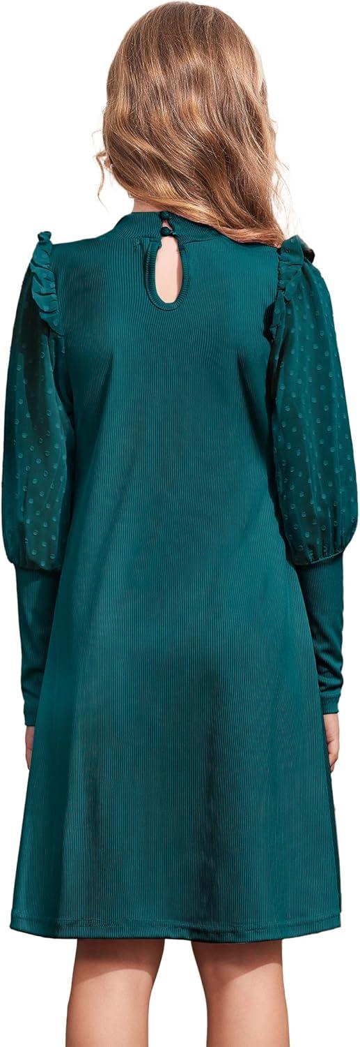 imageArshiner Girls Sheer Contrast Mesh Long Sleeve Stand Collar Casual Vintage Party Dress for 513 Years