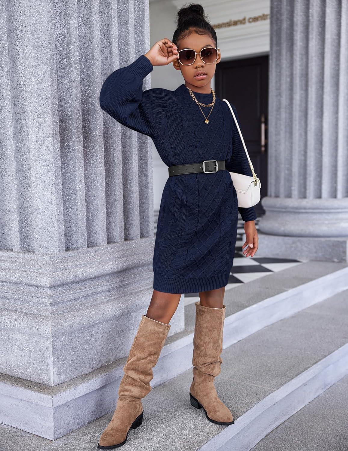 imageArshiner Girls Sweater Dress Puff Long Sleeve Casual Cable Knit Pullover Fall Dresses for 612 YearsNavy Blue