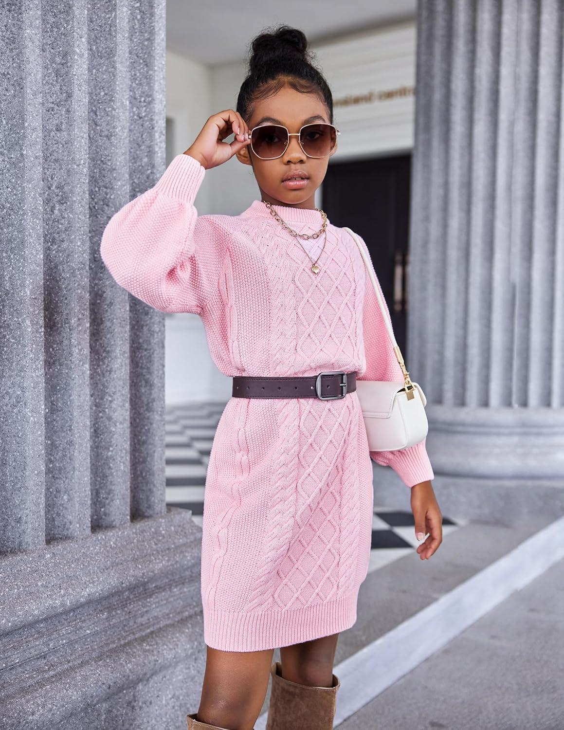 imageArshiner Girls Sweater Dress Puff Long Sleeve Casual Cable Knit Pullover Fall Dresses for 612 YearsPink