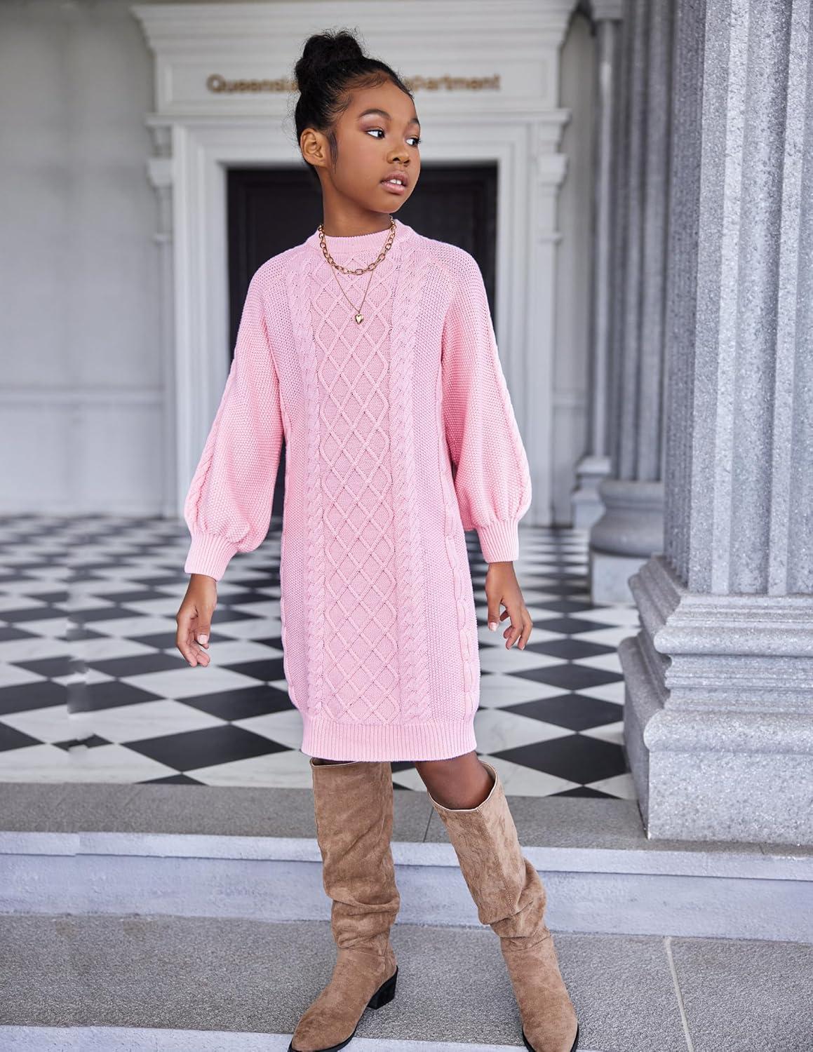 imageArshiner Girls Sweater Dress Puff Long Sleeve Casual Cable Knit Pullover Fall Dresses for 612 YearsPink