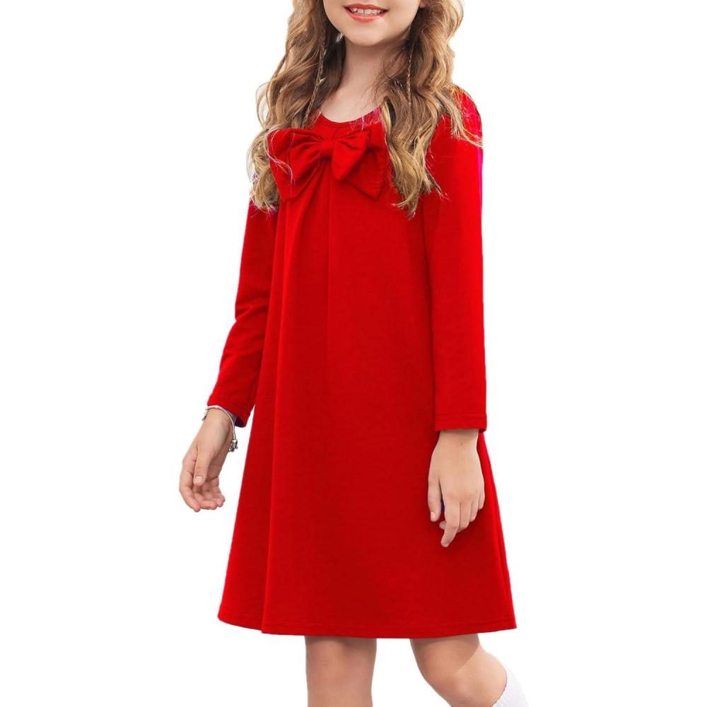 imageArshiner Girls Dress Long Sleeve Solid Tunic Dress for Girls with Big Bow Tie