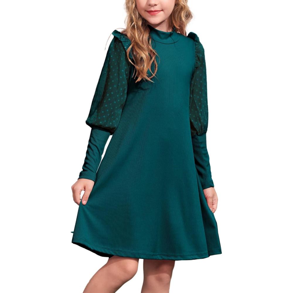 imageArshiner Girls Sheer Contrast Mesh Long Sleeve Stand Collar Casual Vintage Party Dress for 513 Years