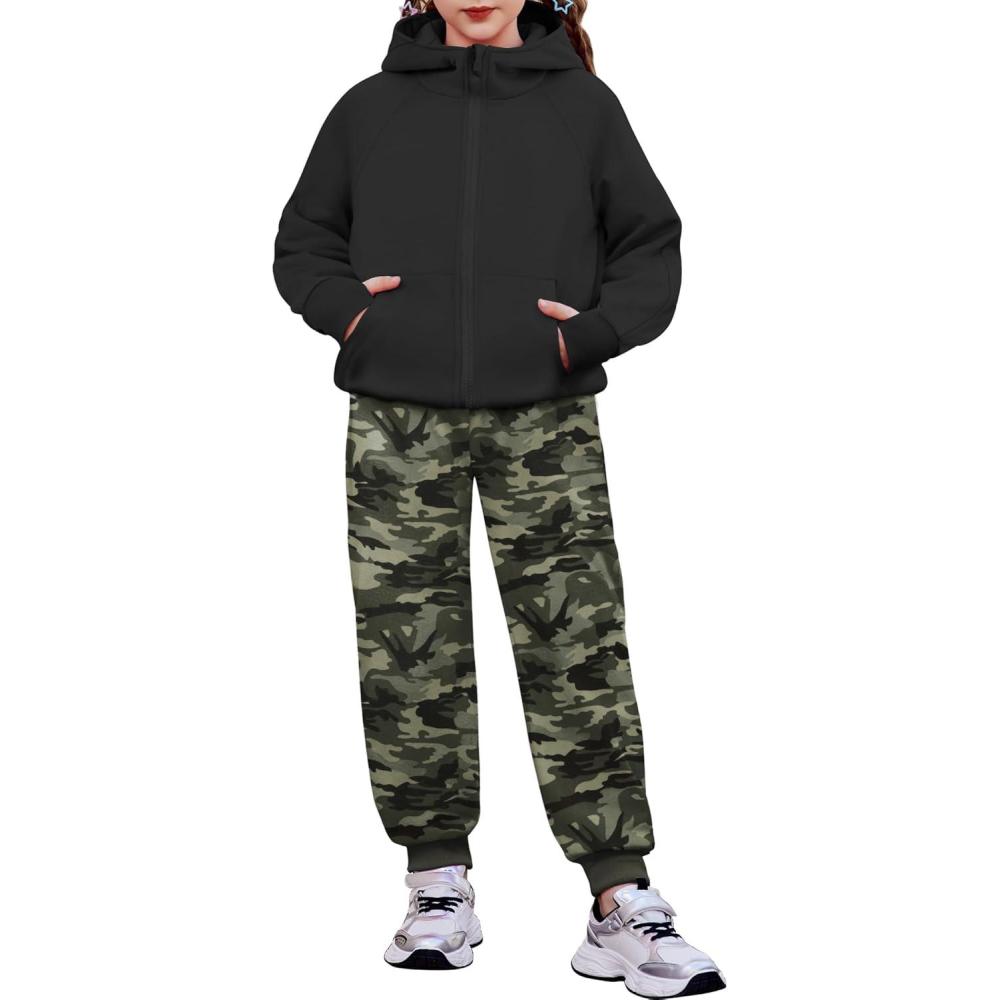 imageArshiner Girls 2 Piece Outfit Drop Shoulder Zip Up Hoodies and Sweatpant Clothing Set with PocketsBlackCamouflage
