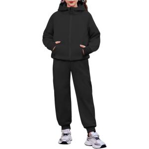 Arshiner Girls 2 Piece Outfit Drop Shoulder Zip Up Hoodies and Sweatpant Clothing Set with Pockets(Black)
