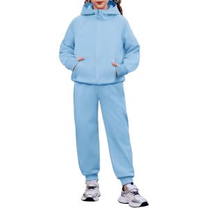 Arshiner Girls 2 Piece Outfit Drop Shoulder Zip Up Hoodies and Sweatpant Clothing Set with Pockets(Blue)