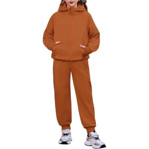 Arshiner Girls 2 Piece Outfit Drop Shoulder Zip Up Hoodies and Sweatpant Clothing Set with Pockets(Caramel)