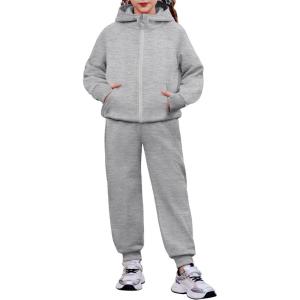 Arshiner Girls 2 Piece Outfit Drop Shoulder Zip Up Hoodies and Sweatpant Clothing Set with Pockets(Light Grey)