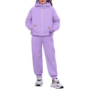 Arshiner Girls 2 Piece Outfit Drop Shoulder Zip Up Hoodies and Sweatpant Clothing Set with Pockets(Lilac)