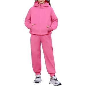 Arshiner Girls 2 Piece Outfit Drop Shoulder Zip Up Hoodies and Sweatpant Clothing Set with Pockets(Peach)