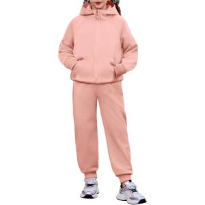 Arshiner Girls 2 Piece Outfit Drop Shoulder Zip Up Hoodies and Sweatpant Clothing Set with Pockets(Pink)