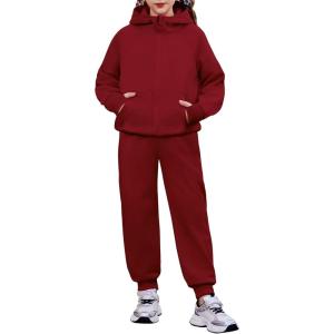 Arshiner Girls 2 Piece Outfit Drop Shoulder Zip Up Hoodies and Sweatpant Clothing Set with Pockets(Red)