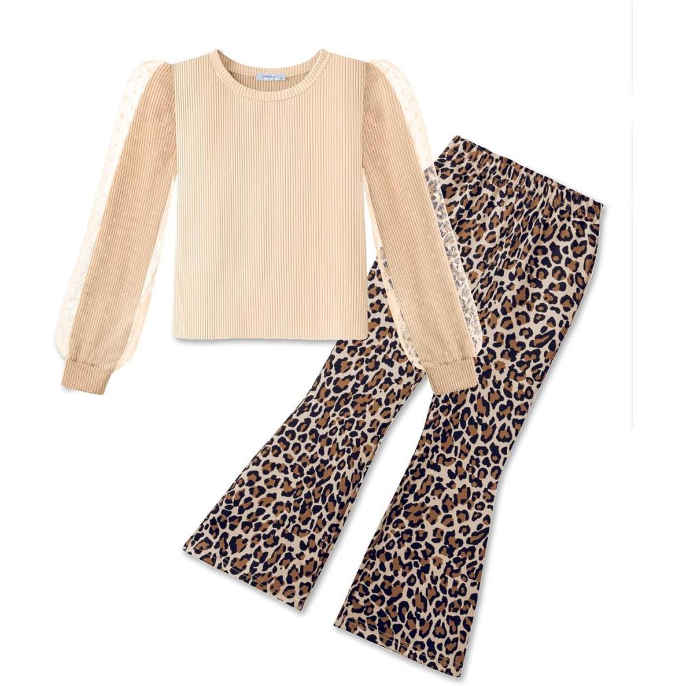imageArshiner Toddler Girls 2 Piece Outfits Fall Clothes Knit Tulle Puff Sleeves Top and Flare Pants Set for Girl 28YApricotleopard