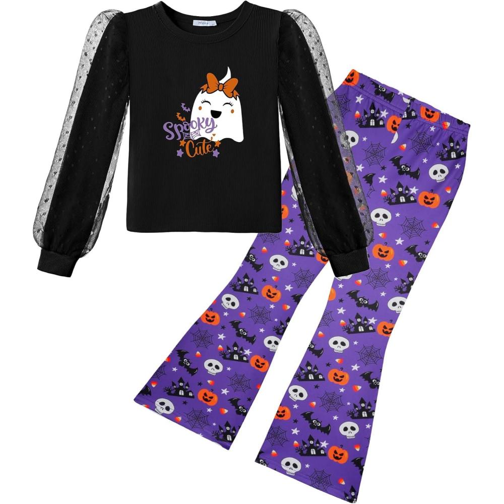 imageArshiner Toddler Girls 2 Piece Outfits Fall Clothes Knit Tulle Puff Sleeves Top and Flare Pants Set for Girl 28YBlackhalloween