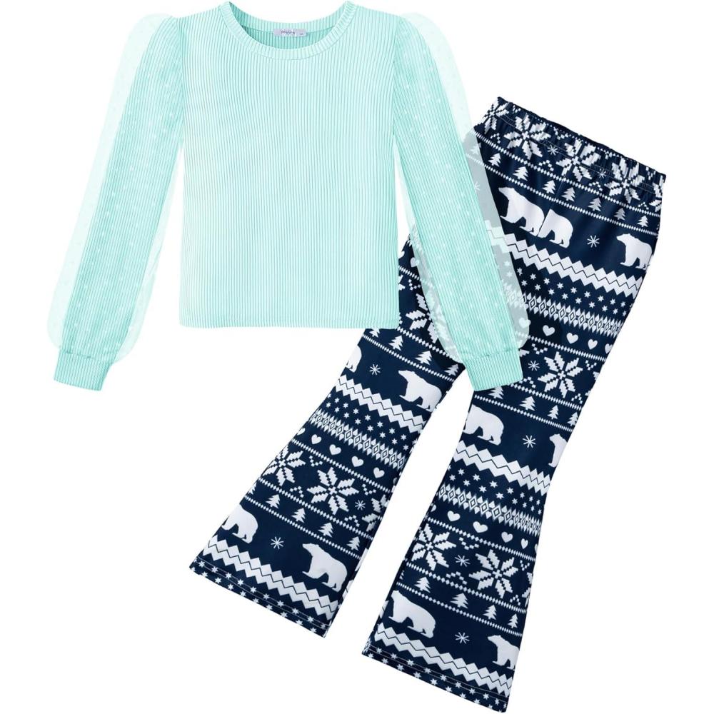 imageArshiner Toddler Girls 2 Piece Outfits Fall Clothes Knit Tulle Puff Sleeves Top and Flare Pants Set for Girl 28YLight Blue