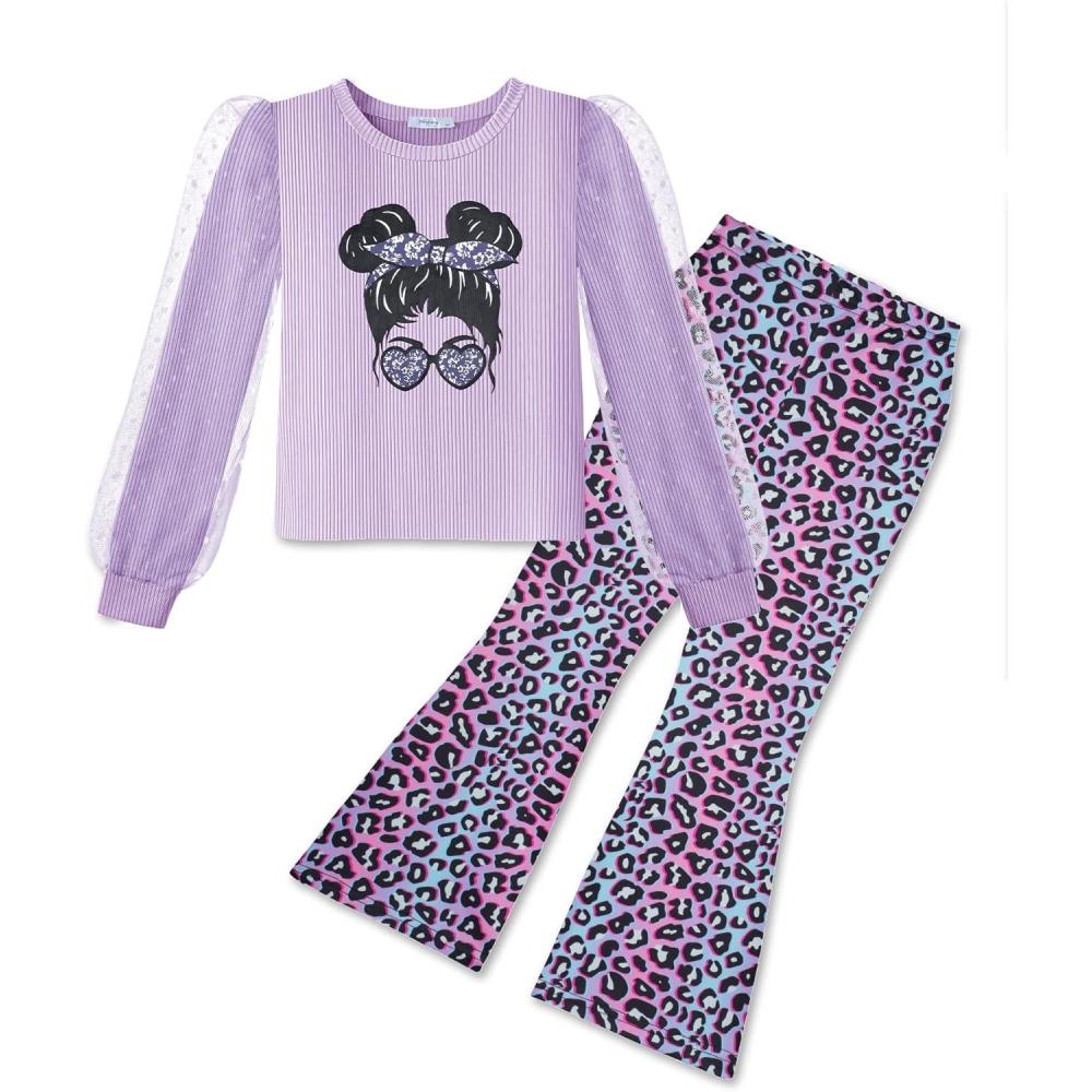 imageArshiner Toddler Girls 2 Piece Outfits Fall Clothes Knit Tulle Puff Sleeves Top and Flare Pants Set for Girl 28YPurpleleopard
