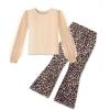 Arshiner Toddler Girls 2 Piece Outfits Fall Clothes Knit Tulle Puff Sleeves Top and Flare Pants Set for Girl 2-8Y(Apricot-leopard)