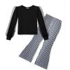 Arshiner Toddler Girls 2 Piece Outfits Fall Clothes Knit Tulle Puff Sleeves Top and Flare Pants Set for Girl 2-8Y(Black-plaid)
