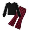 Arshiner Toddler Girls 2 Piece Outfits Fall Clothes Knit Tulle Puff Sleeves Top and Flare Pants Set for Girl 2-8Y(Black-red Plaid)