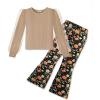 Arshiner Toddler Girls 2 Piece Outfits Fall Clothes Knit Tulle Puff Sleeves Top and Flare Pants Set for Girl 2-8Y(Brown-flower)