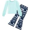 Arshiner Toddler Girls 2 Piece Outfits Fall Clothes Knit Tulle Puff Sleeves Top and Flare Pants Set for Girl 2-8Y(Light Blue)