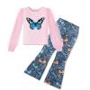 Arshiner Toddler Girls 2 Piece Outfits Fall Clothes Knit Tulle Puff Sleeves Top and Flare Pants Set for Girl 2-8Y(Pink-butterfly)