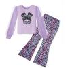 Arshiner Toddler Girls 2 Piece Outfits Fall Clothes Knit Tulle Puff Sleeves Top and Flare Pants Set for Girl 2-8Y(Purple-leopard)