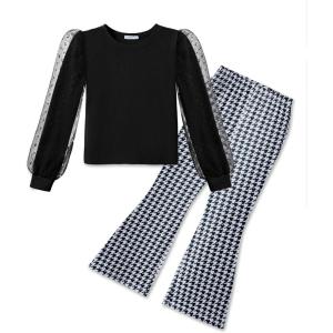 Arshiner Toddler Girls 2 Piece Outfits Fall Clothes Knit Tulle Puff Sleeves Top and Flare Pants Set for Girl 2-8Y(Black-plaid)