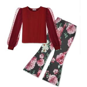 Arshiner Toddler Girls 2 Piece Outfits Fall Clothes Knit Tulle Puff Sleeves Top and Flare Pants Set for Girl 2-8Y(Deep Red-flower)