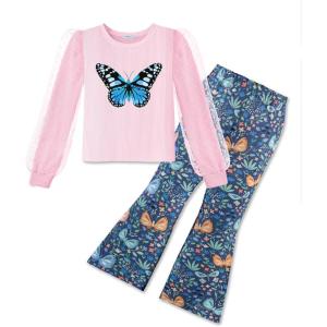 Arshiner Toddler Girls 2 Piece Outfits Fall Clothes Knit Tulle Puff Sleeves Top and Flare Pants Set for Girl 2-8Y(Pink-butterfly)