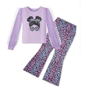 Arshiner Toddler Girls 2 Piece Outfits Fall Clothes Knit Tulle Puff Sleeves Top and Flare Pants Set for Girl 2-8Y(Purple-leopard)