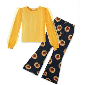 Arshiner Toddler Girls 2 Piece Outfits Fall Clothes Knit Tulle Puff Sleeves Top and Flare Pants Set for Girl 2-8Y(Yellow-sunflower)