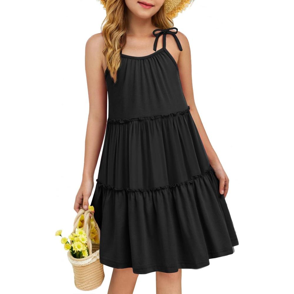 image:imageArshiner Girl Summer Dresses Tween Boho Spaghetti Strap ALine Swing Flowy Ruffle Tiered Sundress with PocketsBlack