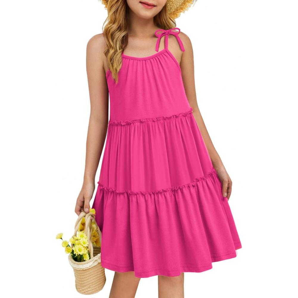 image:imageArshiner Girl Summer Dresses Tween Boho Spaghetti Strap ALine Swing Flowy Ruffle Tiered Sundress with PocketsHot Pink