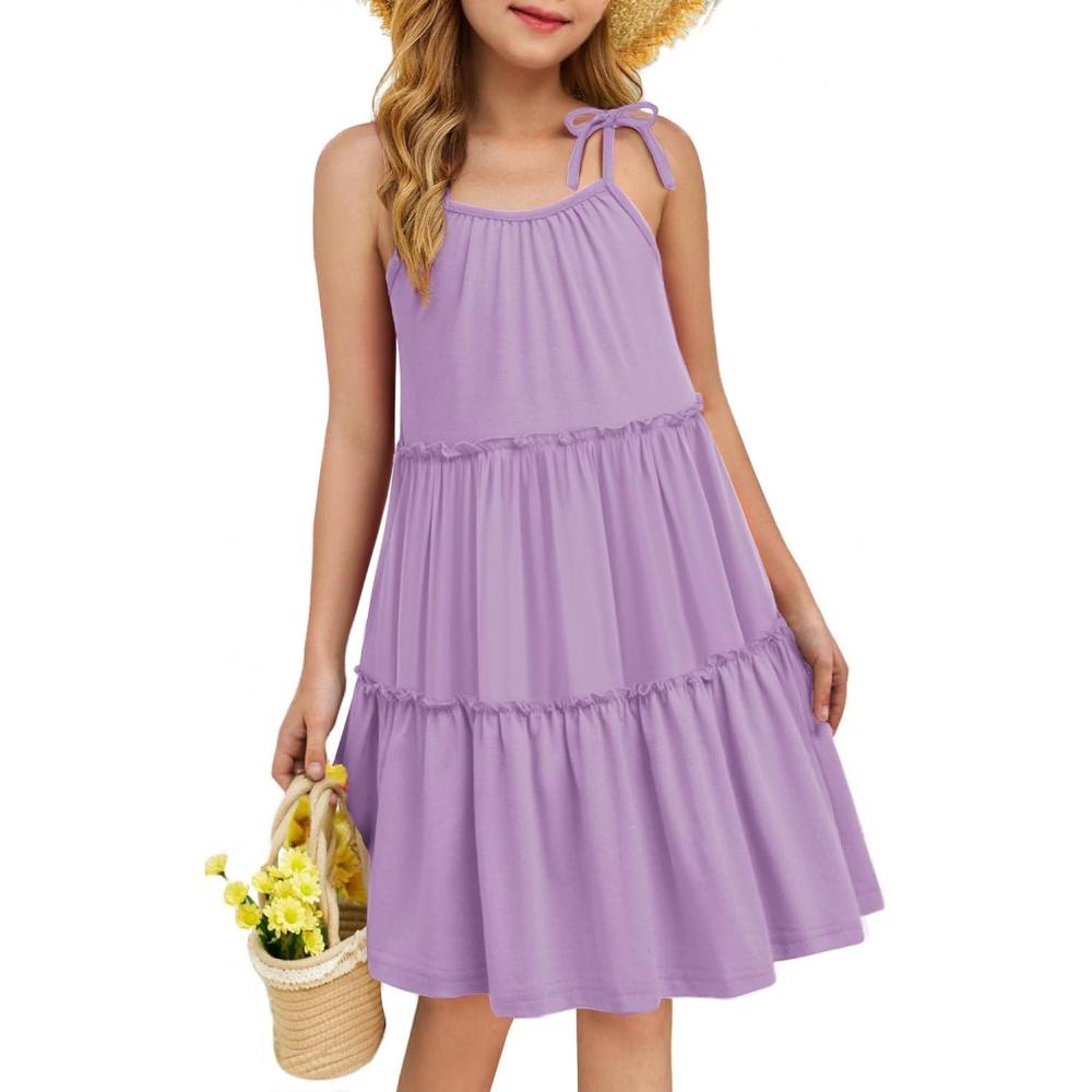image:imageArshiner Girl Summer Dresses Tween Boho Spaghetti Strap ALine Swing Flowy Ruffle Tiered Sundress with PocketsPurple