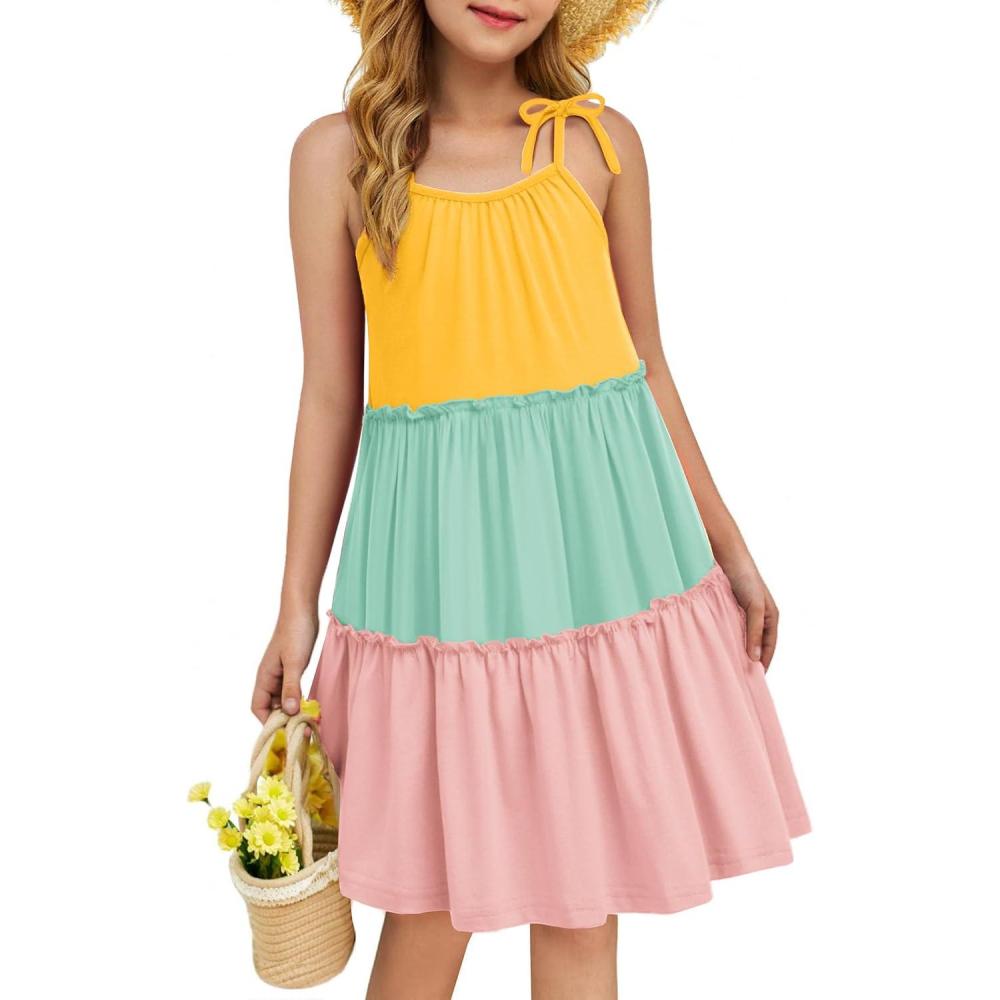 image:imageArshiner Girl Summer Dresses Tween Boho Spaghetti Strap ALine Swing Flowy Ruffle Tiered Sundress with PocketsRainbow