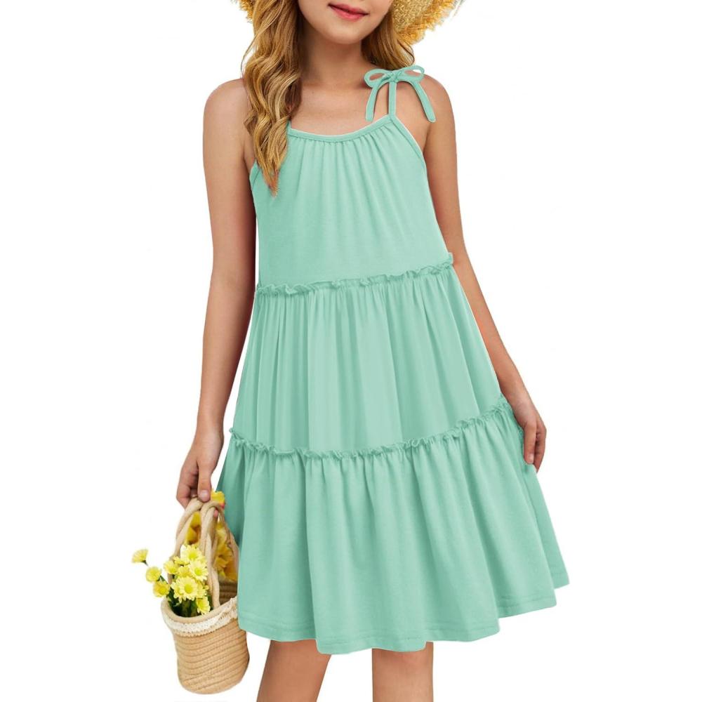 image:imageArshiner Girl Summer Dresses Tween Boho Spaghetti Strap ALine Swing Flowy Ruffle Tiered Sundress with PocketsSage Green