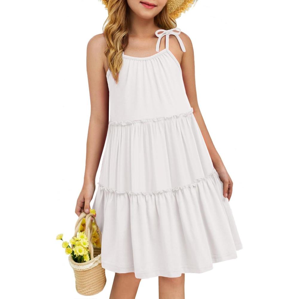 image:imageArshiner Girl Summer Dresses Tween Boho Spaghetti Strap ALine Swing Flowy Ruffle Tiered Sundress with PocketsWhite