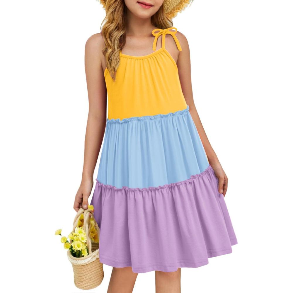 image:imageArshiner Girl Summer Dresses Tween Boho Spaghetti Strap ALine Swing Flowy Ruffle Tiered Sundress with PocketsYellowbluepurple Block