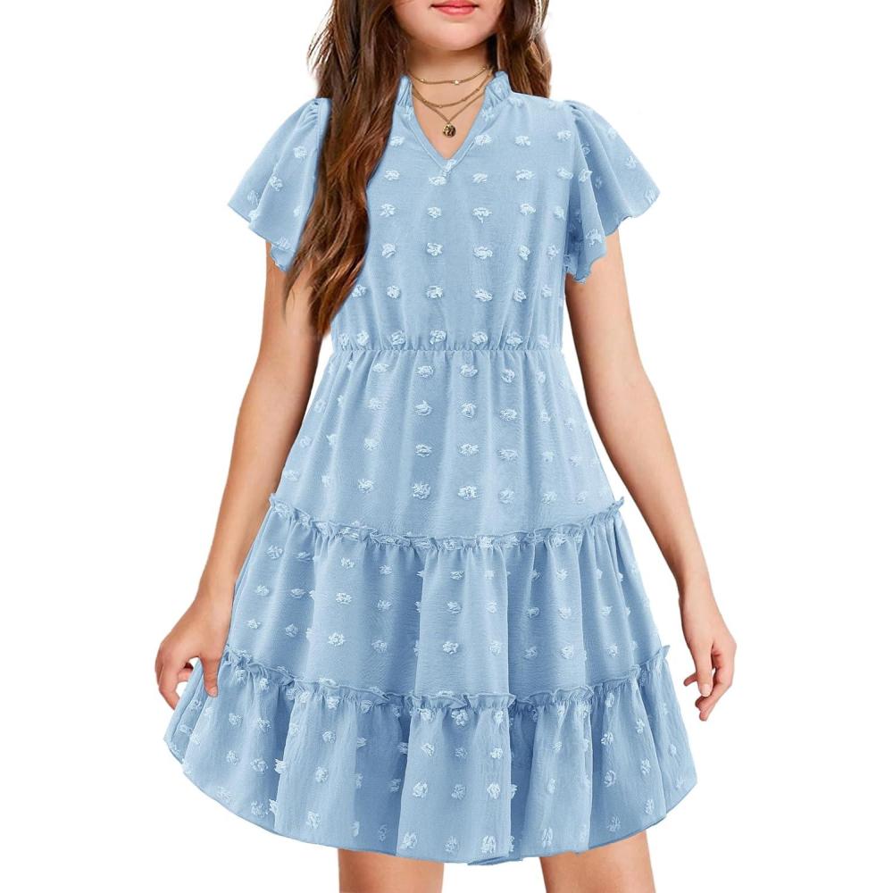 image:imageArshiner Girls 2025 Summer Dresses Pom Poms Flutter Ruffle Sleeve Midi Polka Dot V Neck Dress with PocketsLight Blue