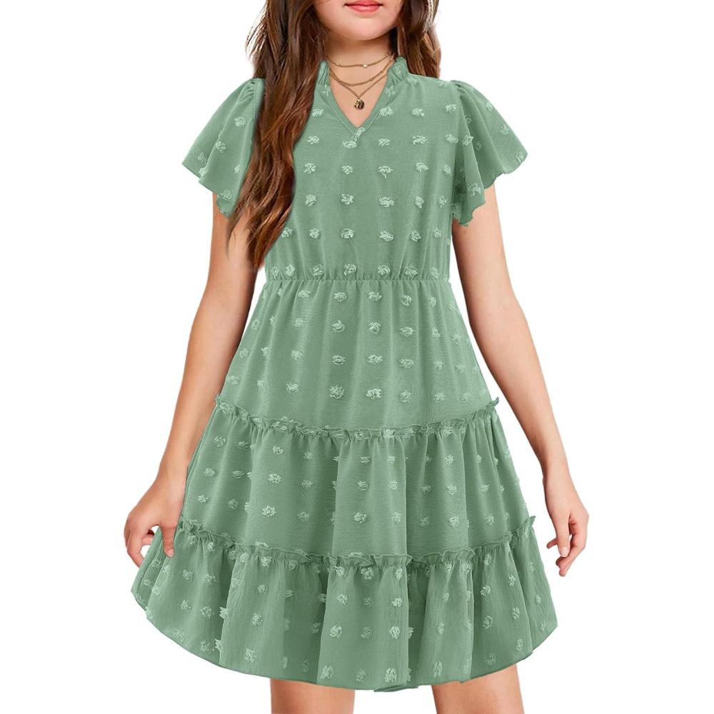 image:imageArshiner Girls 2025 Summer Dresses Pom Poms Flutter Ruffle Sleeve Midi Polka Dot V Neck Dress with PocketsLight Green