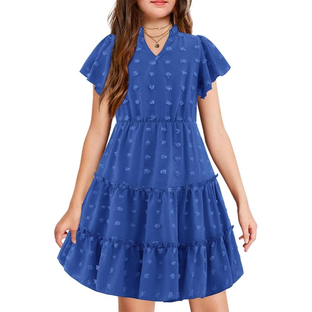 image:imageArshiner Girls 2025 Summer Dresses Pom Poms Flutter Ruffle Sleeve Midi Polka Dot V Neck Dress with PocketsRoyal Blue