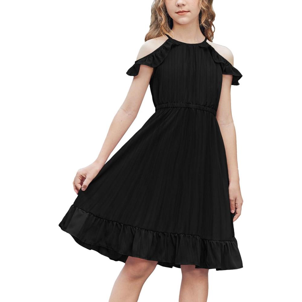 image:imageArshiner Girls Dress Halter Neck Ruffle Sleeveless Formal Party Casual Summer Sundress for 514 YearsBlack